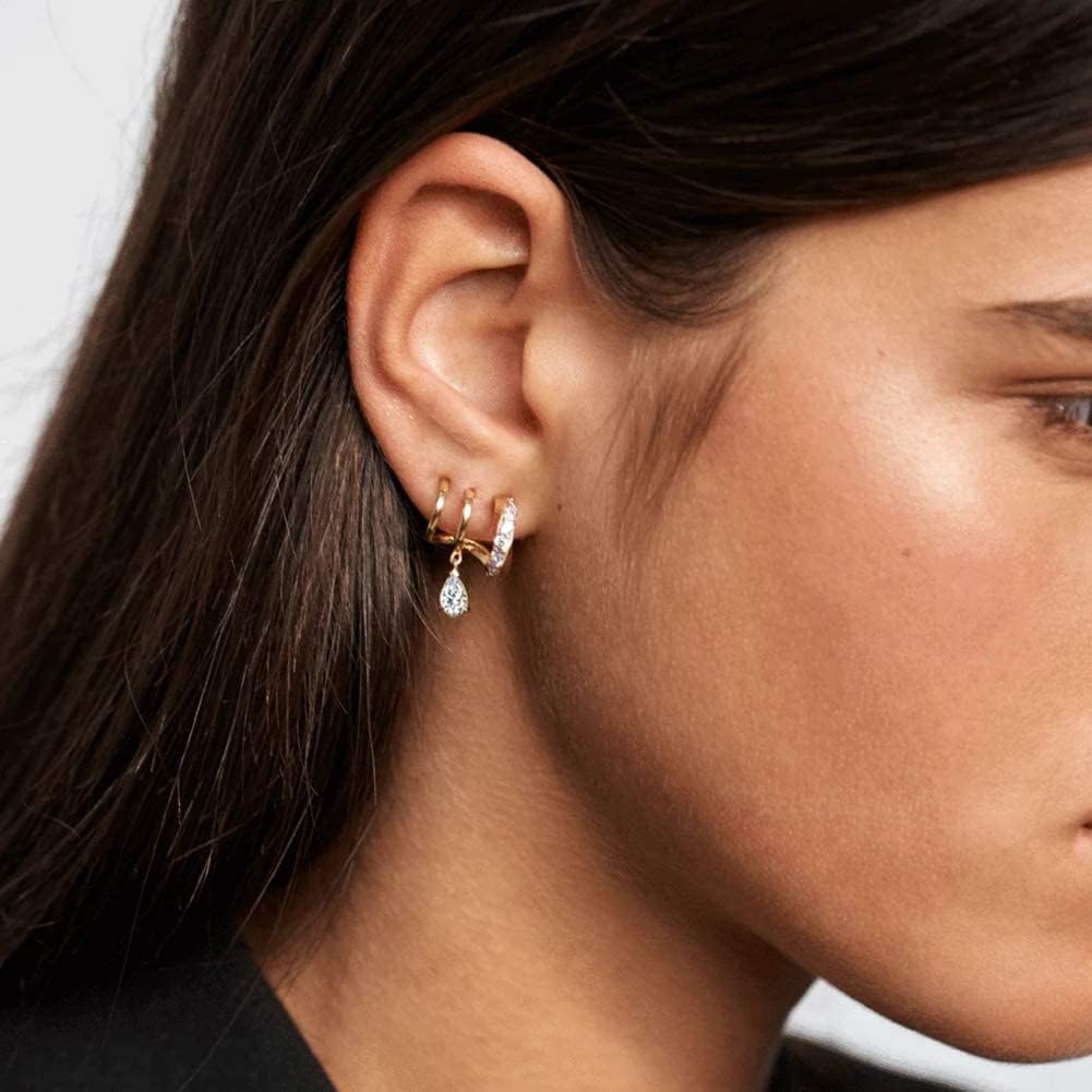 Obidos 14K Gold Plated Triple Huggie Illusion Stud Earrings | Double Huggie Hoop Earrings for One Hole | Gold Hoop Earrings for Women | Drop earrings