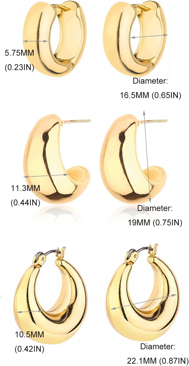 Gold Chunky Hoop Earrings Set for Women, 14K Gold Plated Twisted Huggie Hoop Earring Hypoallergenic, Thick Open Hoops Set Lightweight