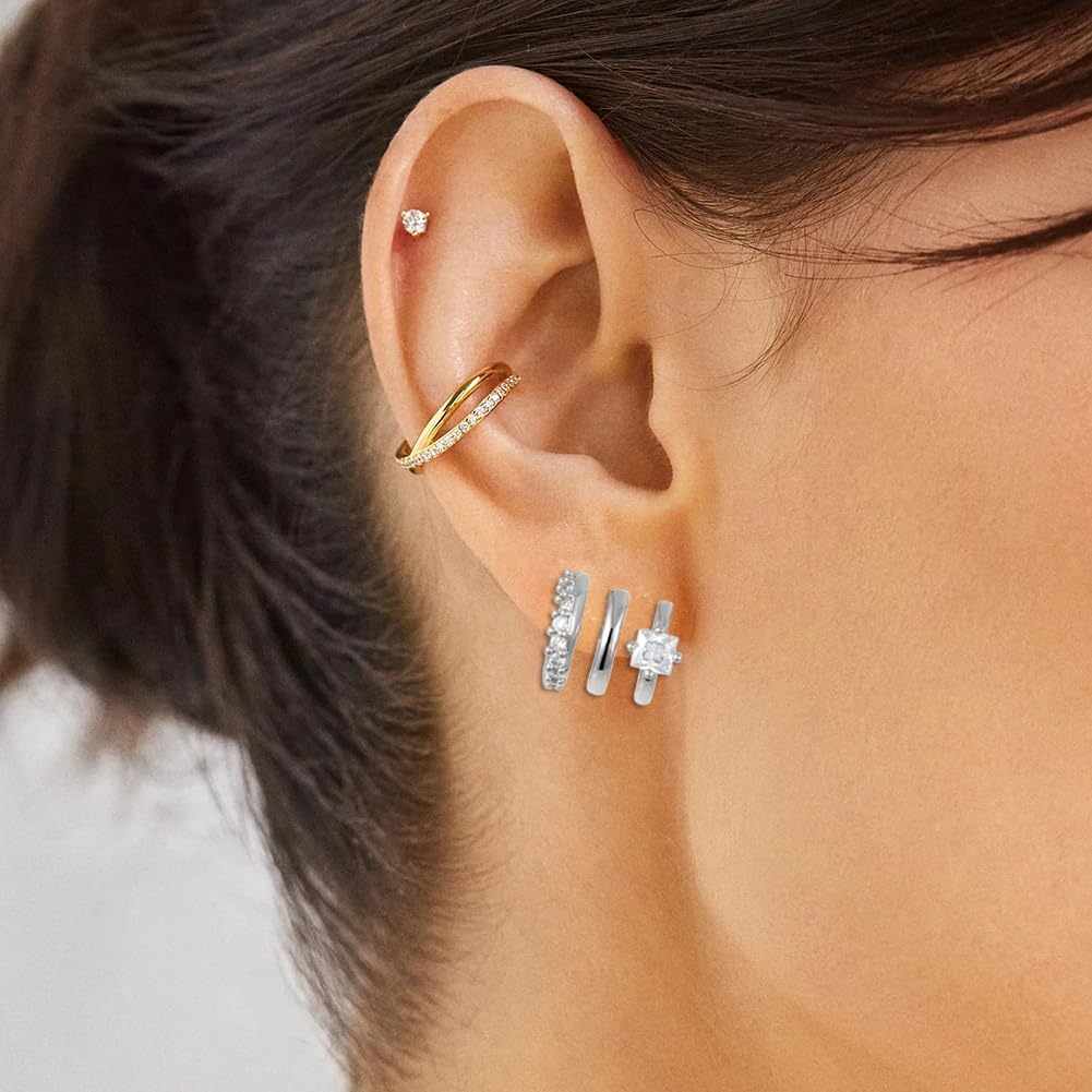 Obidos 14K Gold Plated Triple Huggie Illusion Stud Earrings | Double Huggie Hoop Earrings for One Hole | Gold Hoop Earrings for Women | Drop earrings