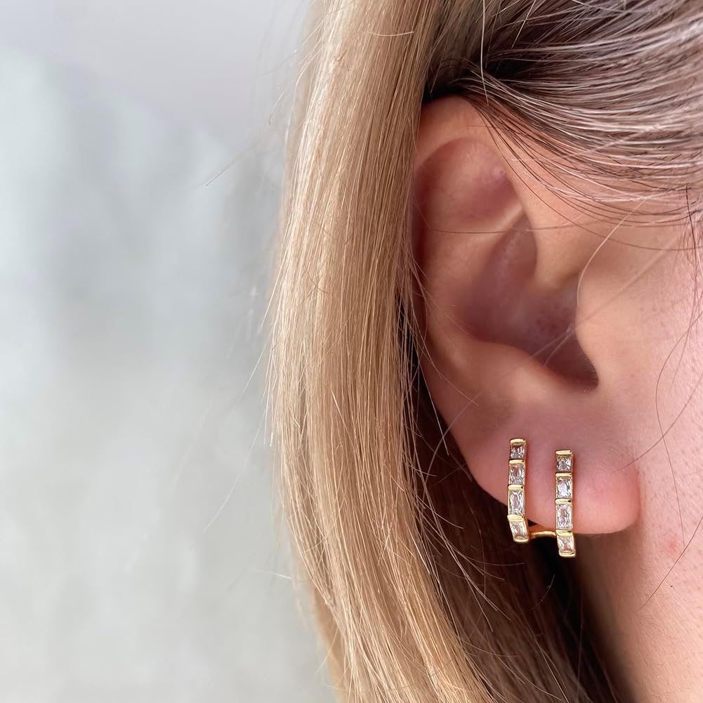 Obidos 14K Gold Plated Triple Huggie Illusion Stud Earrings | Double Huggie Hoop Earrings for One Hole | Gold Hoop Earrings for Women | Drop earrings