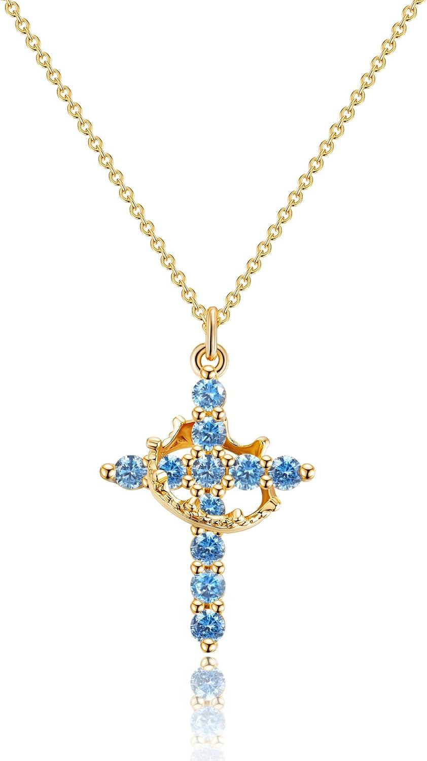 Upgraded Crown Cross Necklace for Women,14K Gold Plated & Silver Plated Crown Cross Pendant Necklace Diamond Cross Necklaces Faith Cross Jewelry First Communion Gifts, 12-Color Birthstone Necklaces for Women