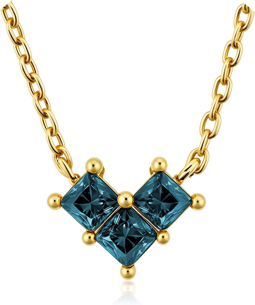 Turandoss Birthstone Necklaces for Women - Created 14K Gold Plated Blue Green Emerald Pendent Necklaces for Women Teen Girls 12 Month Dainty Heart Birthstone Jewelry Birthday Gifts