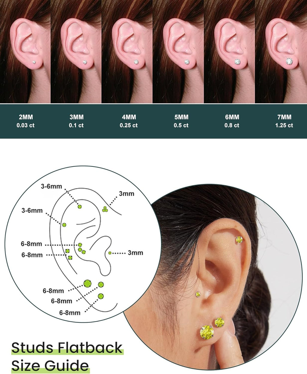 6 Pairs Stud Earrings Set, Hypoallergenic Cubic Zirconia 316L Earrings Stainless Steel CZ Earrings 3-8mm (Steel color)