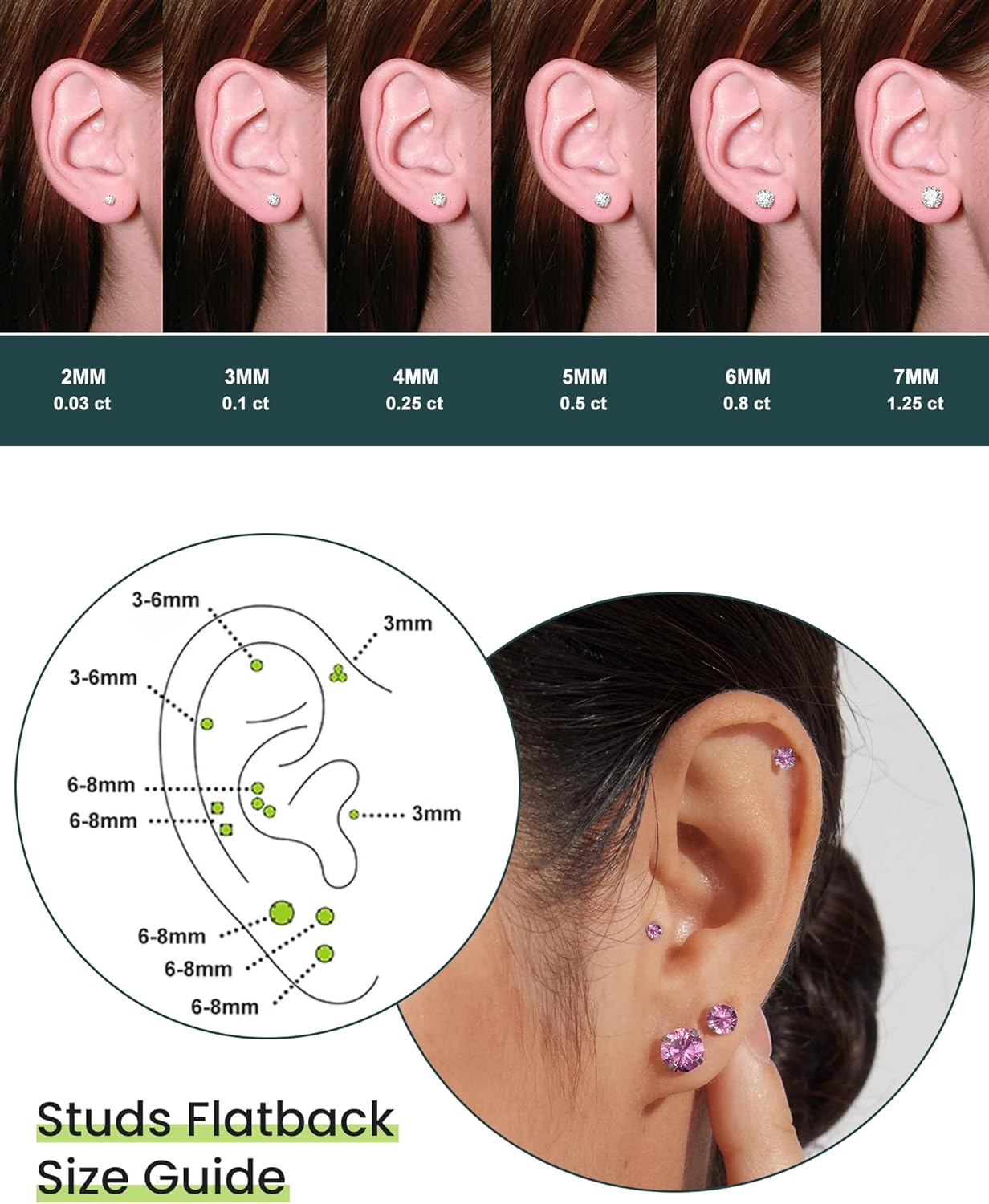 6 Pairs Stud Earrings Set, Hypoallergenic Cubic Zirconia 316L Earrings Stainless Steel CZ Earrings 3-8mm (Steel color)