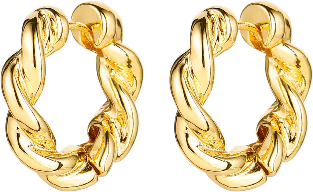 Gold Chunky Hoop Earrings Set for Women, 14K Gold Plated Twisted Huggie Hoop Earring Hypoallergenic, Thick Open Hoops Set Lightweight