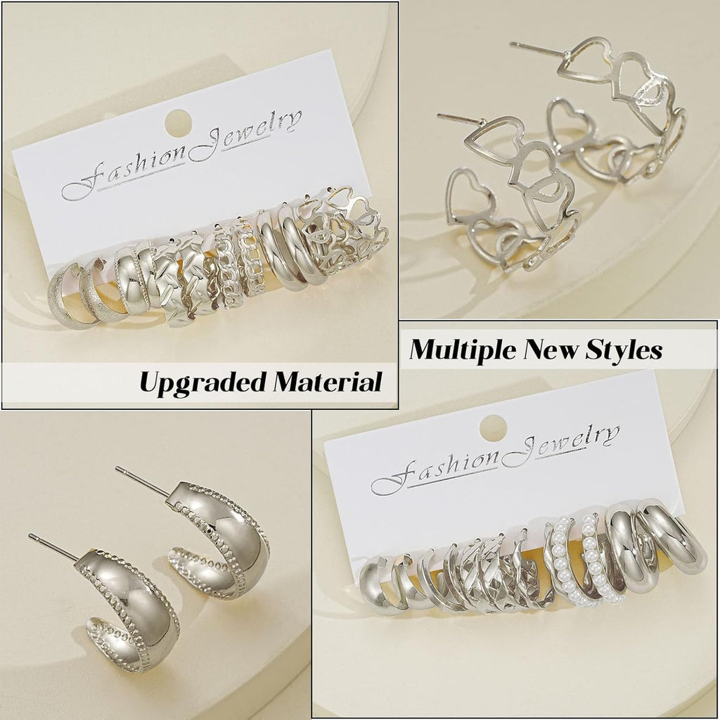 42 Pairs Gold Hoop Earrings Set for Women, Fashion Chunky Pearl Earrings Multipack Twisted Statement Earring Pack, Hypoallergenic Small Big Hoops Earrings for Birthday Party