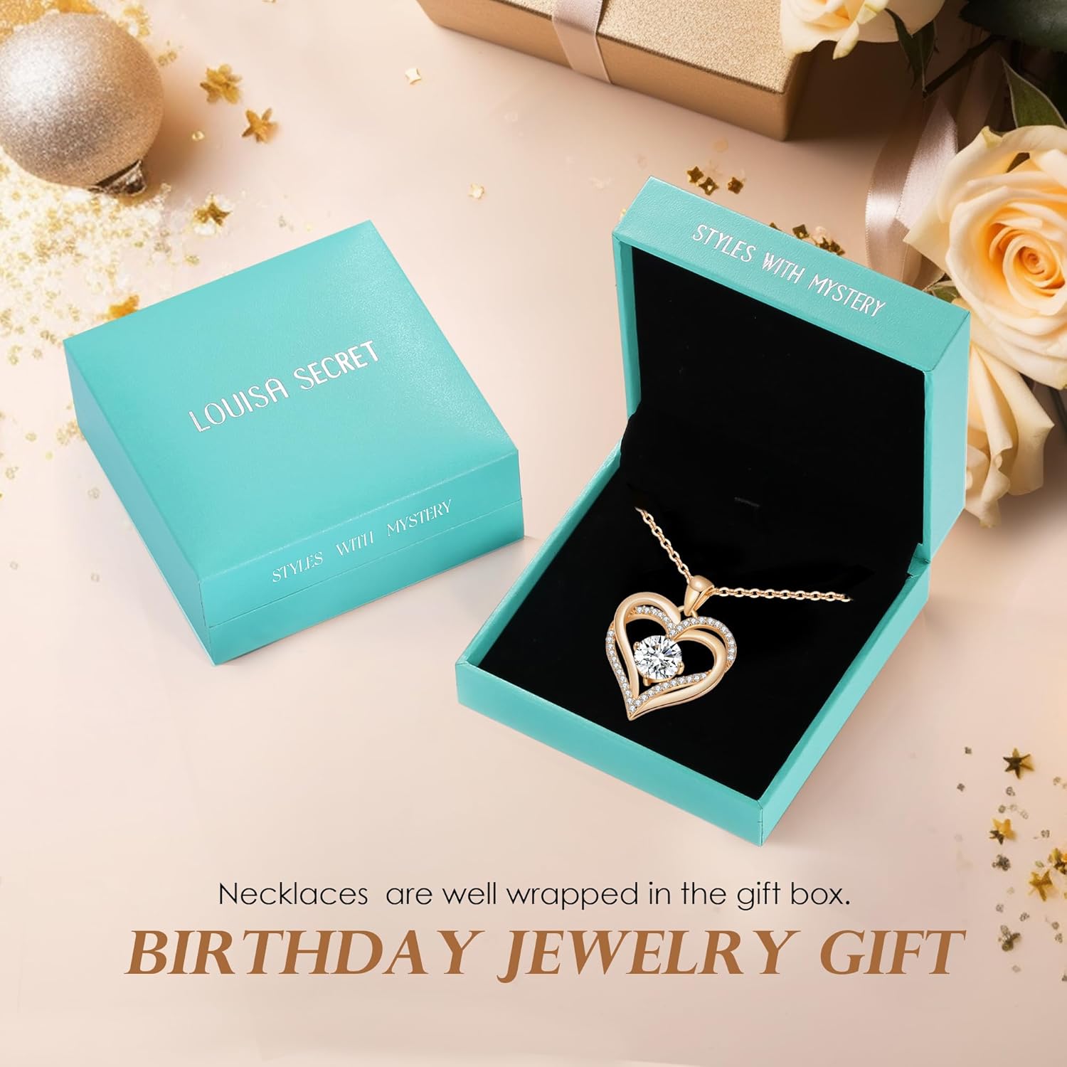 LOUISA SECRET Love Heart Birthstone Necklaces for Women, Birthday Gift for Women, Anniversary Jewelry for Wife Her, 925 Sterling Silver Pendant Necklace, Mother's Day Gift