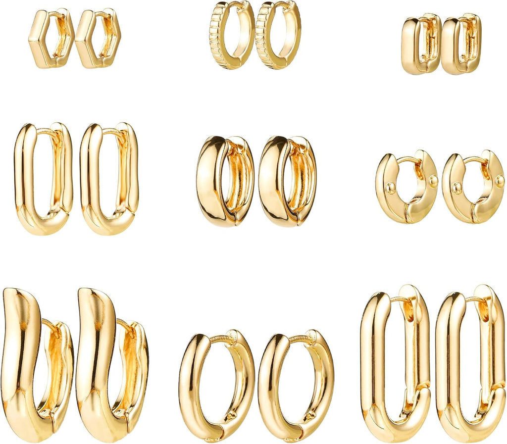 Gold Chunky Hoop Earrings Set for Women, 14K Gold Plated Twisted Huggie Hoop Earring Hypoallergenic, Thick Open Hoops Set Lightweight