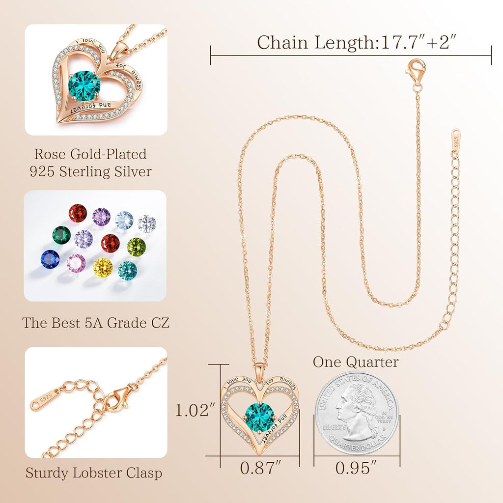 LOUISA SECRET Love Heart Birthstone Necklaces for Women, Birthday Gift for Women, Anniversary Jewelry for Wife Her, 925 Sterling Silver Pendant Necklace, Mother's Day Gift