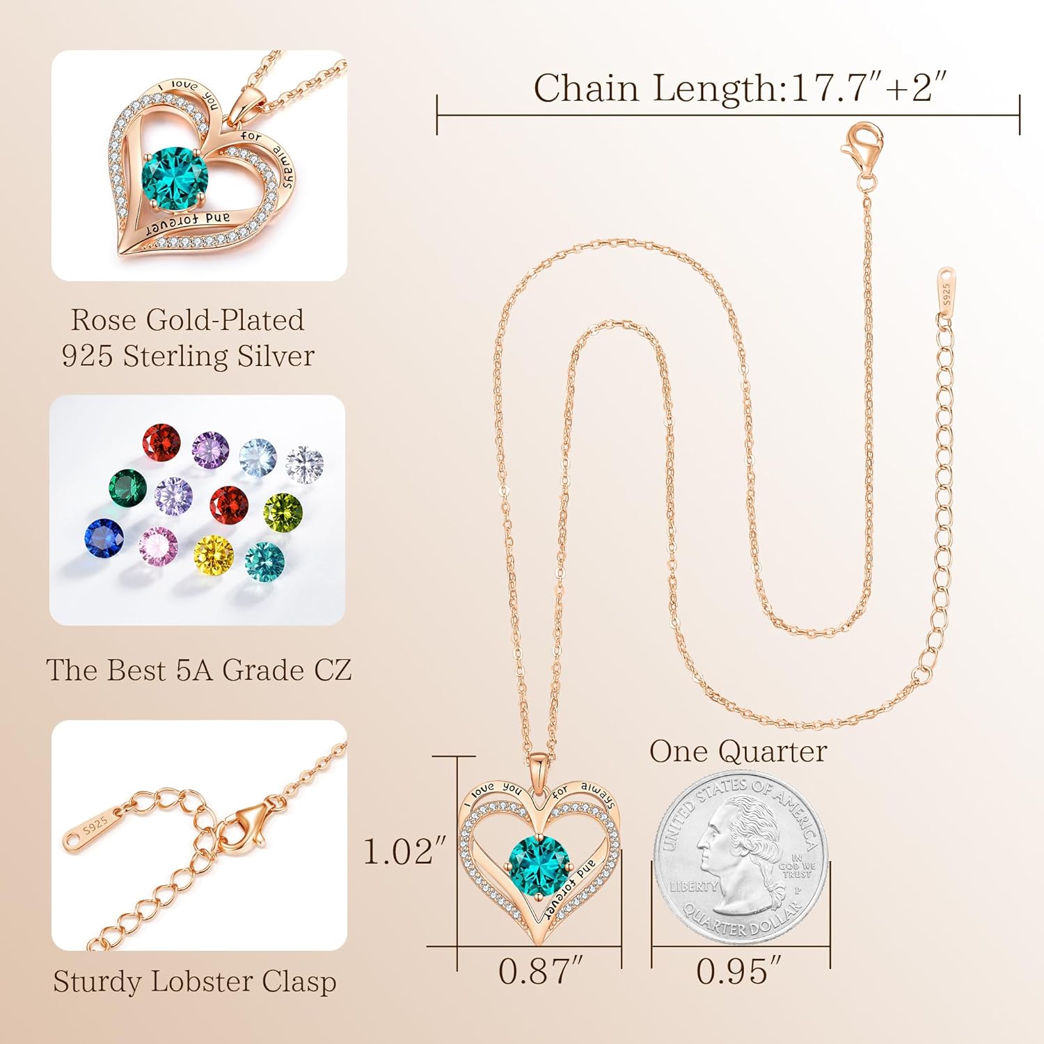 LOUISA SECRET Love Heart Birthstone Necklaces for Women, Birthday Gift for Women, Anniversary Jewelry for Wife Her, 925 Sterling Silver Pendant Necklace, Mother's Day Gift