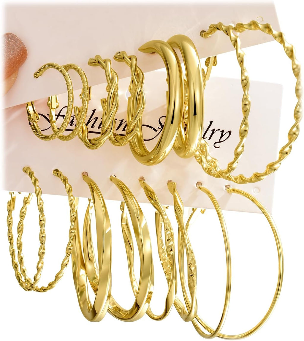 42 Pairs Gold Hoop Earrings Set for Women, Fashion Chunky Pearl Earrings Multipack Twisted Statement Earring Pack, Hypoallergenic Small Big Hoops Earrings for Birthday Party