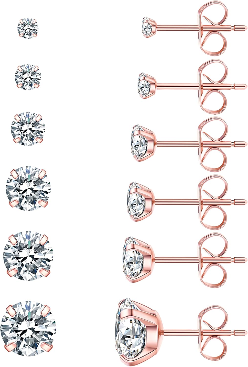 6 Pairs Stud Earrings Set, Hypoallergenic Cubic Zirconia 316L Earrings Stainless Steel CZ Earrings 3-8mm (Steel color)