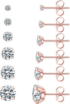 6 Pairs Stud Earrings Set, Hypoallergenic Cubic Zirconia 316L Earrings Stainless Steel CZ Earrings 3-8mm (Steel color)