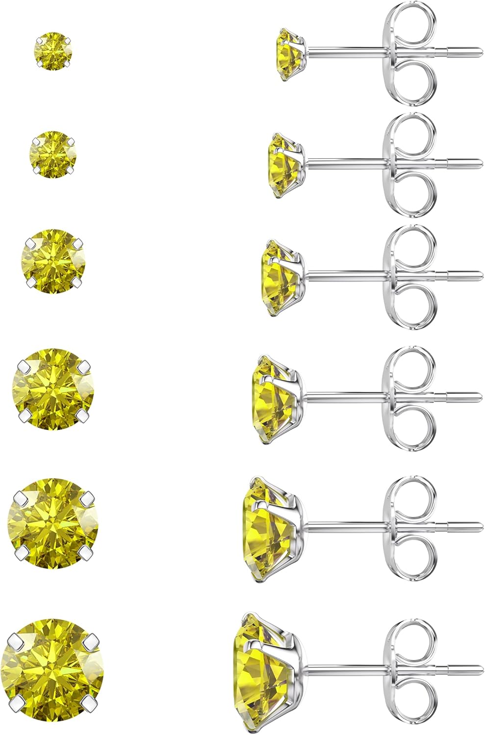 6 Pairs Stud Earrings Set, Hypoallergenic Cubic Zirconia 316L Earrings Stainless Steel CZ Earrings 3-8mm (Steel color)