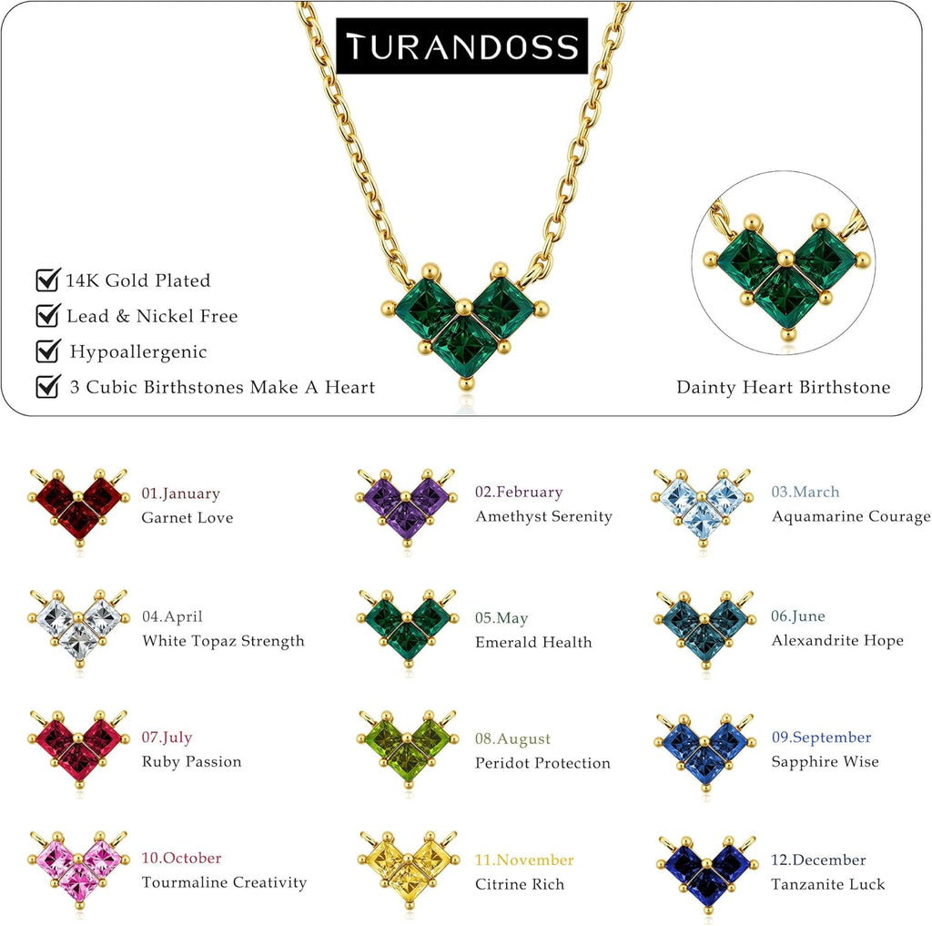 Turandoss Birthstone Necklaces for Women - Created 14K Gold Plated Blue Green Emerald Pendent Necklaces for Women Teen Girls 12 Month Dainty Heart Birthstone Jewelry Birthday Gifts
