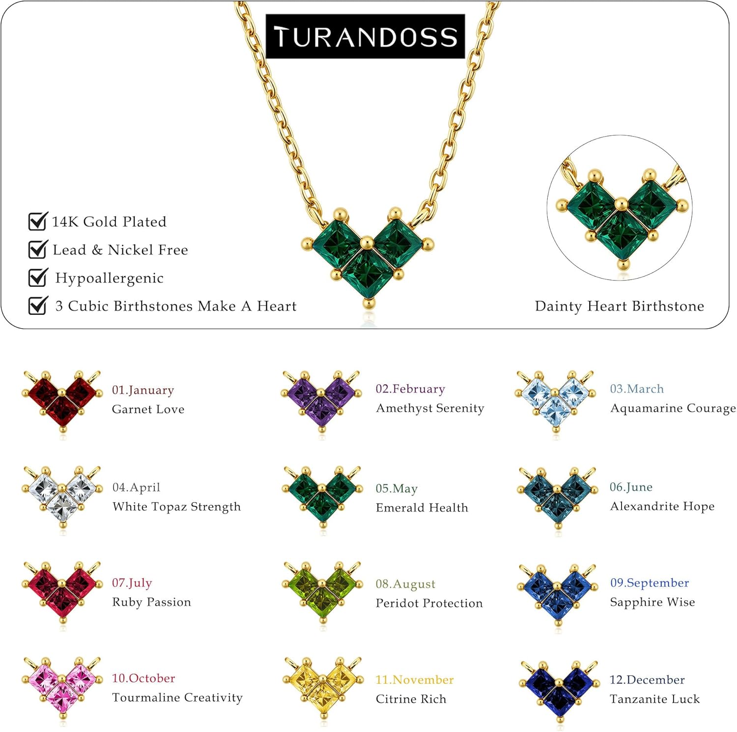 Turandoss Birthstone Necklaces for Women - Created 14K Gold Plated Blue Green Emerald Pendent Necklaces for Women Teen Girls 12 Month Dainty Heart Birthstone Jewelry Birthday Gifts