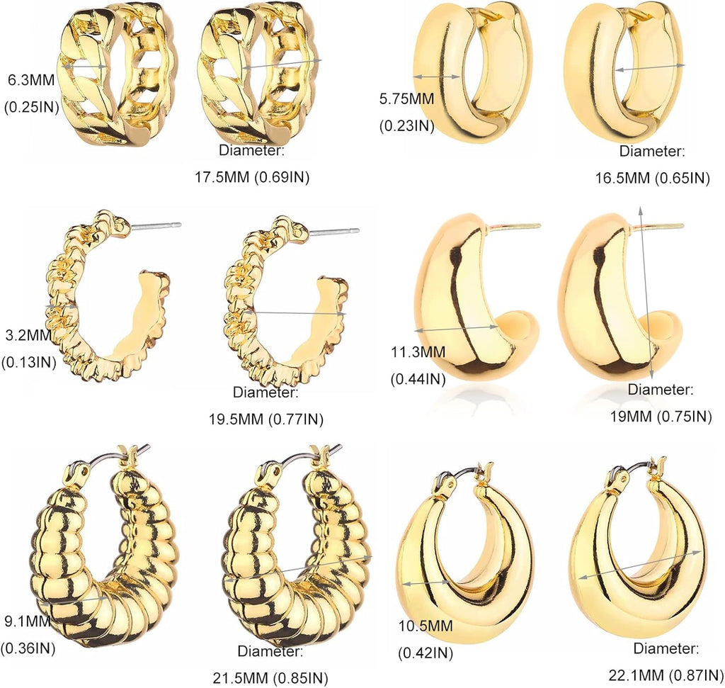 Gold Chunky Hoop Earrings Set for Women, 14K Gold Plated Twisted Huggie Hoop Earring Hypoallergenic, Thick Open Hoops Set Lightweight