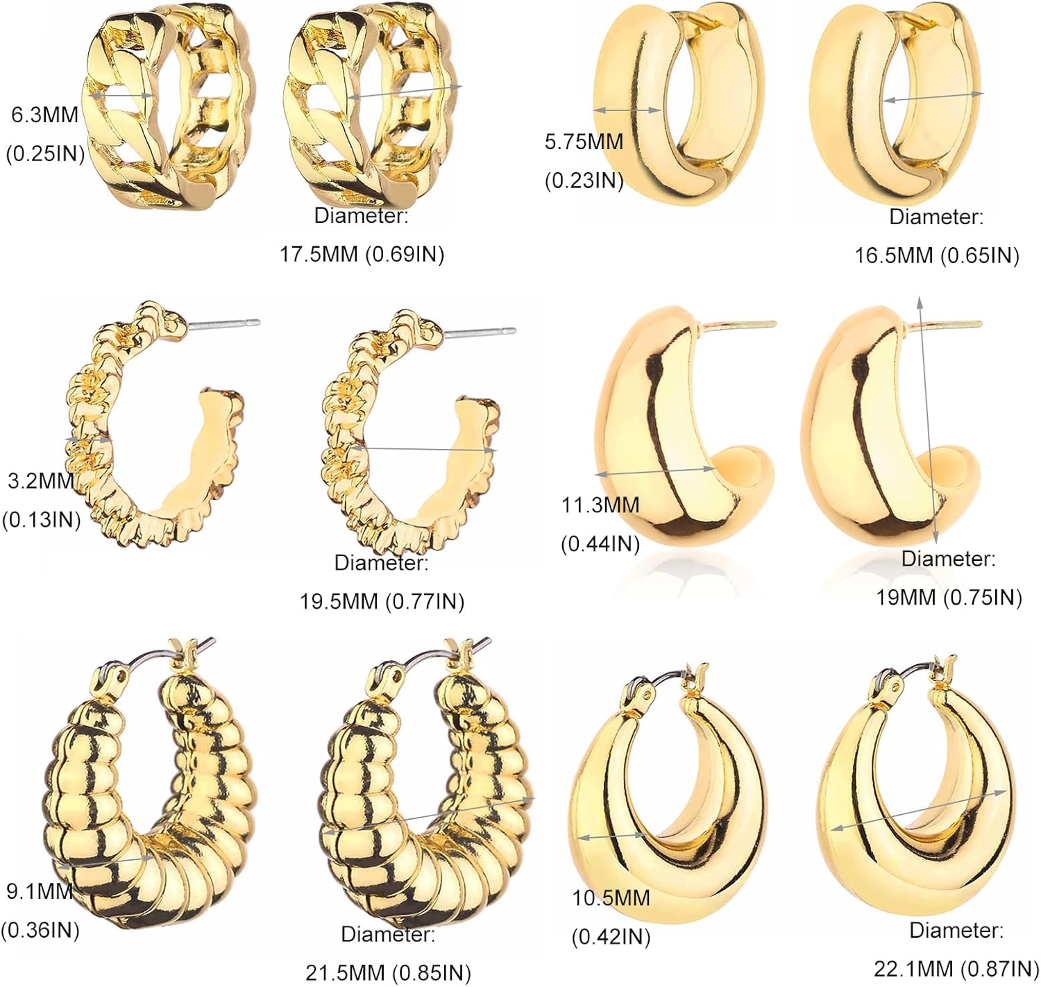 Gold Chunky Hoop Earrings Set for Women, 14K Gold Plated Twisted Huggie Hoop Earring Hypoallergenic, Thick Open Hoops Set Lightweight