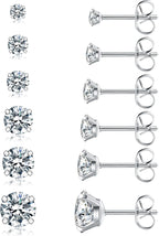 6 Pairs Stud Earrings Set, Hypoallergenic Cubic Zirconia 316L Earrings Stainless Steel CZ Earrings 3-8mm (Steel color)