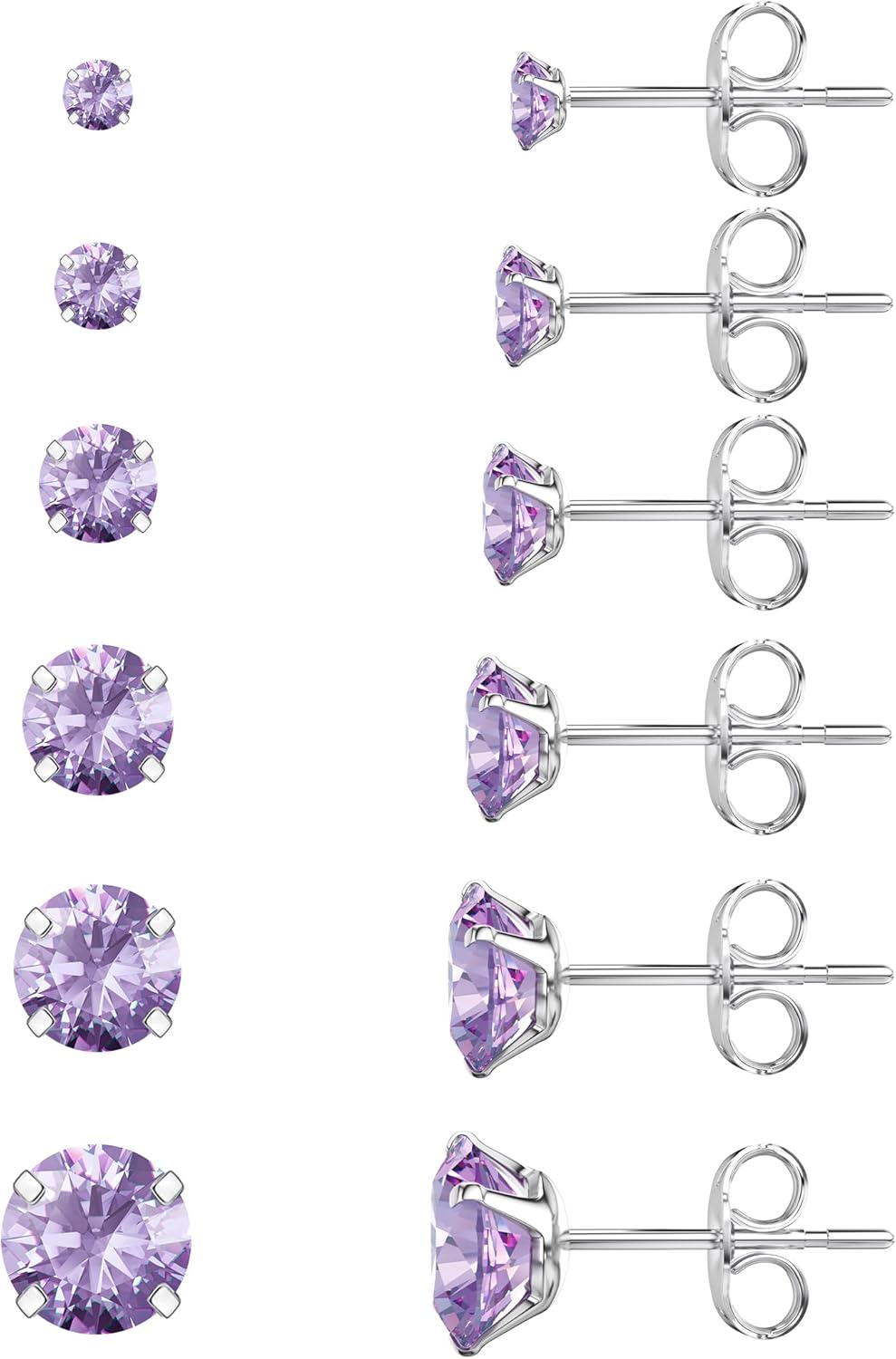 6 Pairs Stud Earrings Set, Hypoallergenic Cubic Zirconia 316L Earrings Stainless Steel CZ Earrings 3-8mm (Steel color)