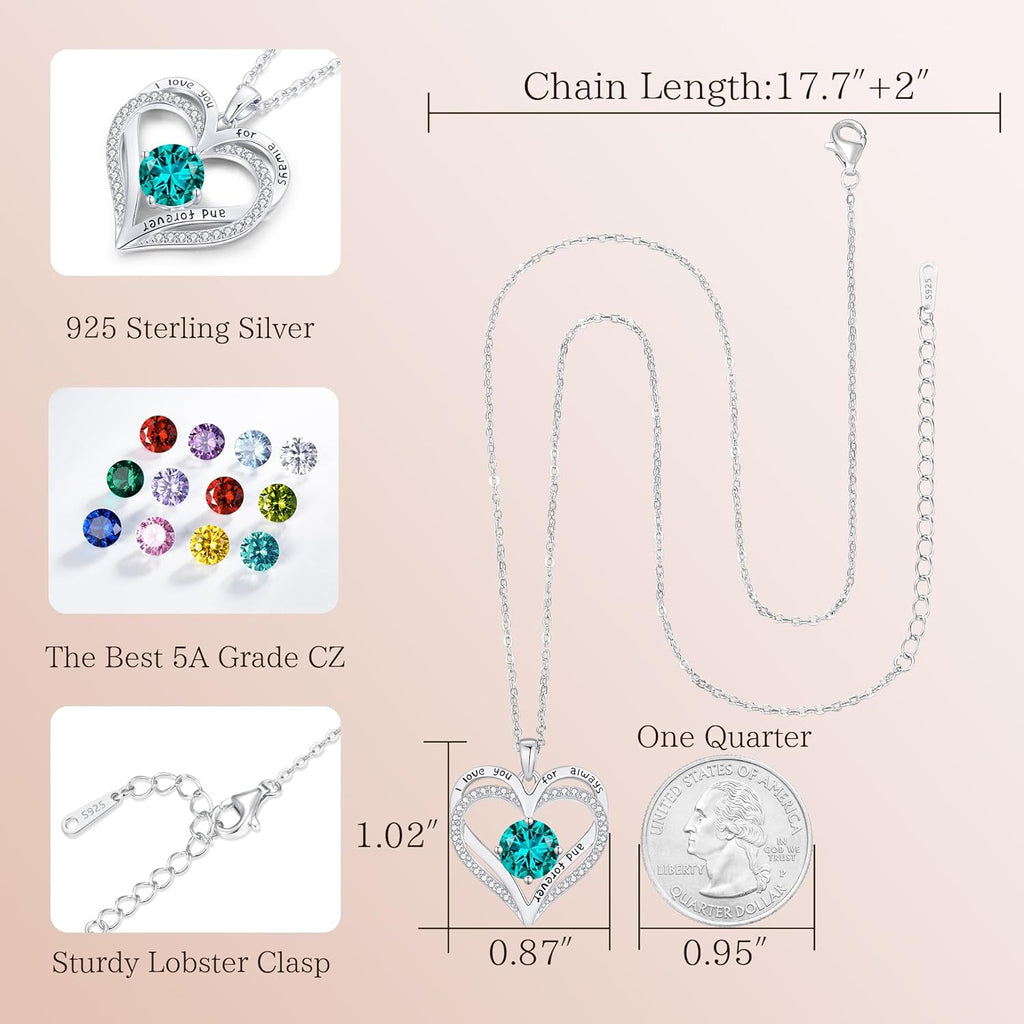 LOUISA SECRET Love Heart Birthstone Necklaces for Women, Birthday Gift for Women, Anniversary Jewelry for Wife Her, 925 Sterling Silver Pendant Necklace, Mother's Day Gift