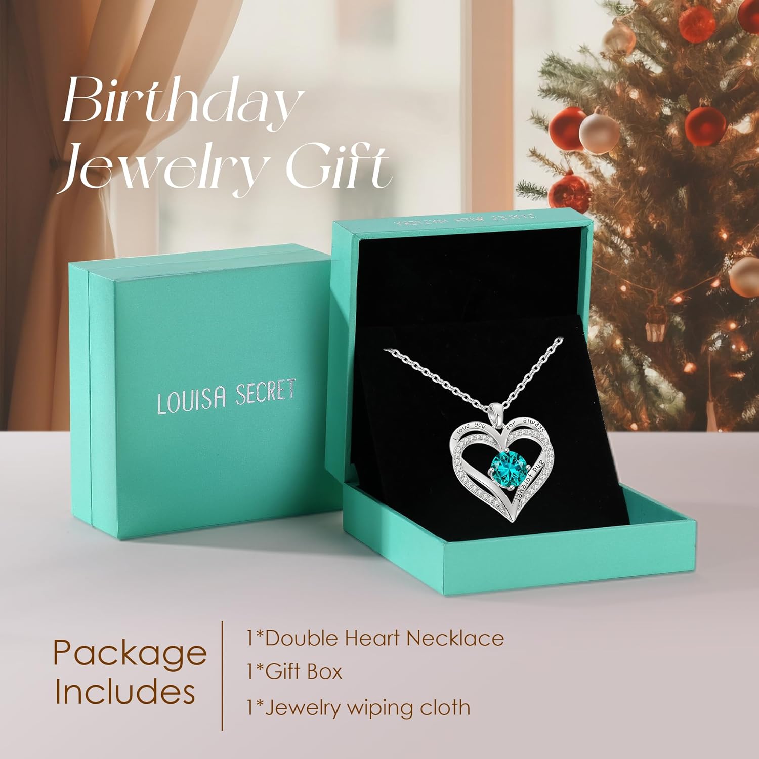 LOUISA SECRET Love Heart Birthstone Necklaces for Women, Birthday Gift for Women, Anniversary Jewelry for Wife Her, 925 Sterling Silver Pendant Necklace, Mother's Day Gift