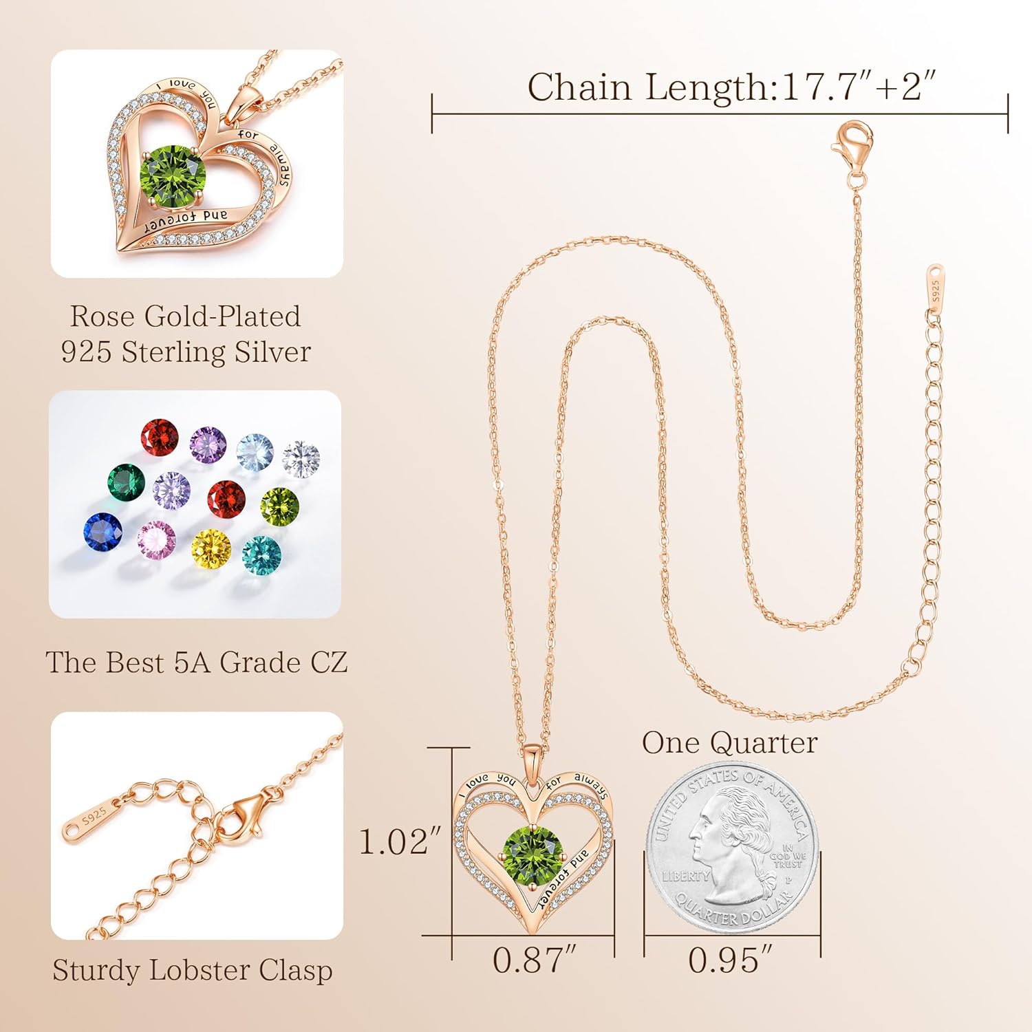 LOUISA SECRET Love Heart Birthstone Necklaces for Women, Birthday Gift for Women, Anniversary Jewelry for Wife Her, 925 Sterling Silver Pendant Necklace, Mother's Day Gift