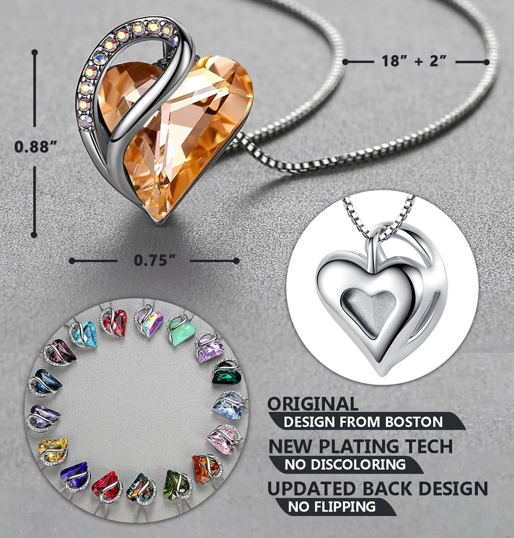 Leafael Necklaces for Women, Infinity Love Birthstone Heart Crystal Pendant, Birthday Jewelry Gifts for Her, Mom, and Wife, Silver Plated, 18 plus 2 inch Adjustable Chain