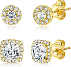 Hayoso 18K Gold Plated Halo Stud Earrings 925 Sterling Silver Cubic Zirconia Stud Earrings Round Square Diamonique Stud Earrings Set for Women Men