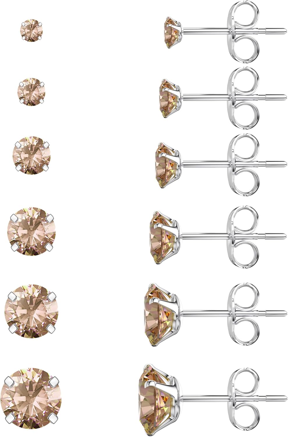 6 Pairs Stud Earrings Set, Hypoallergenic Cubic Zirconia 316L Earrings Stainless Steel CZ Earrings 3-8mm (Steel color)