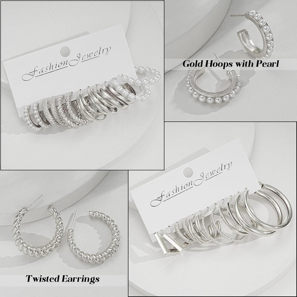 42 Pairs Gold Hoop Earrings Set for Women, Fashion Chunky Pearl Earrings Multipack Twisted Statement Earring Pack, Hypoallergenic Small Big Hoops Earrings for Birthday Party