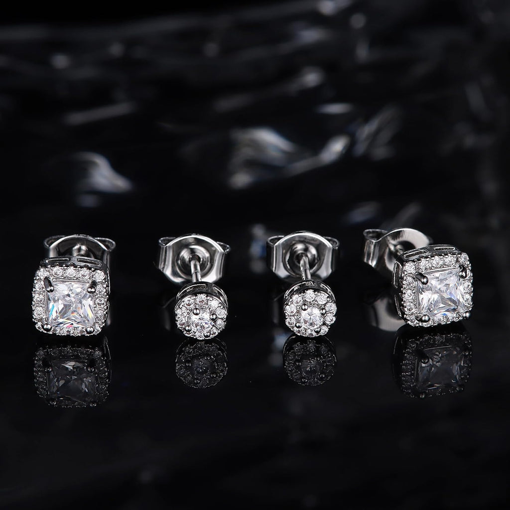 Hayoso 18K Gold Plated Halo Stud Earrings 925 Sterling Silver Cubic Zirconia Stud Earrings Round Square Diamonique Stud Earrings Set for Women Men