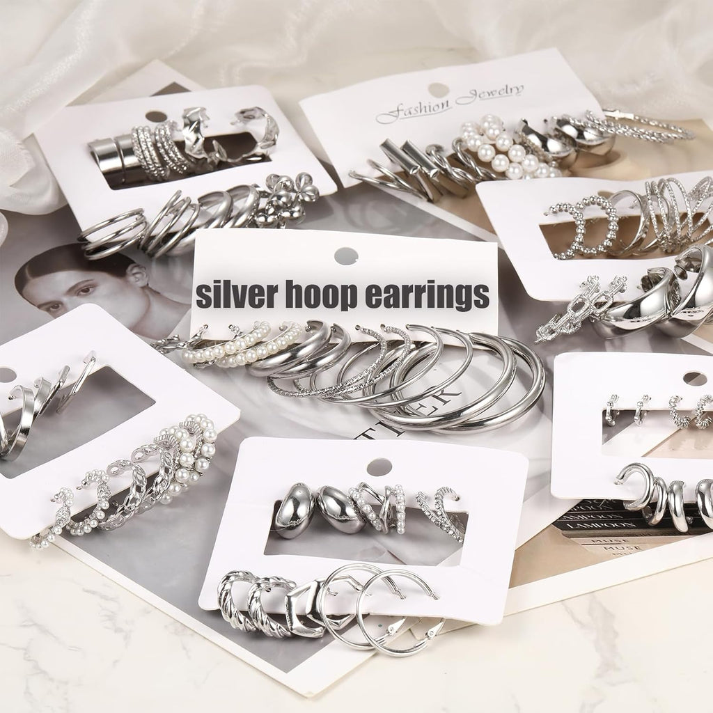 42 Pairs Gold Hoop Earrings Set for Women, Fashion Chunky Pearl Earrings Multipack Twisted Statement Earring Pack, Hypoallergenic Small Big Hoops Earrings for Birthday Party