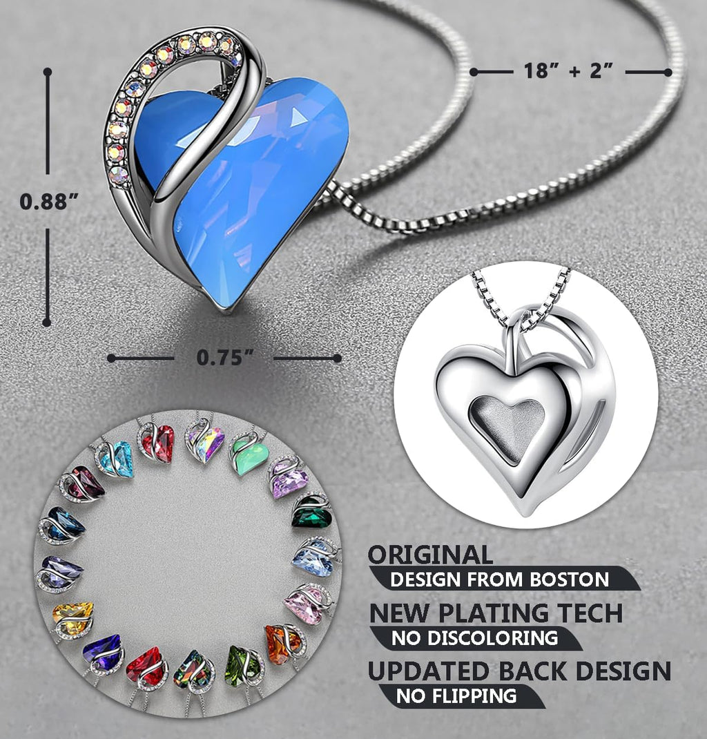 Leafael Necklaces for Women, Infinity Love Birthstone Heart Crystal Pendant, Birthday Jewelry Gifts for Her, Mom, and Wife, Silver Plated, 18 plus 2 inch Adjustable Chain