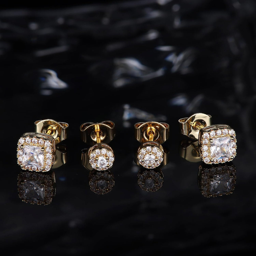 Hayoso 18K Gold Plated Halo Stud Earrings 925 Sterling Silver Cubic Zirconia Stud Earrings Round Square Diamonique Stud Earrings Set for Women Men