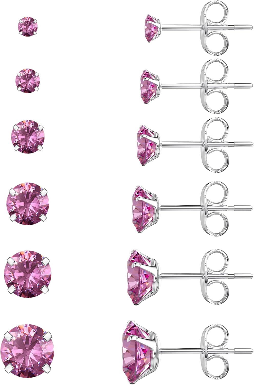 6 Pairs Stud Earrings Set, Hypoallergenic Cubic Zirconia 316L Earrings Stainless Steel CZ Earrings 3-8mm (Steel color)