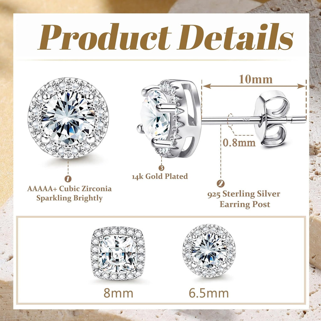 Hayoso 18K Gold Plated Halo Stud Earrings 925 Sterling Silver Cubic Zirconia Stud Earrings Round Square Diamonique Stud Earrings Set for Women Men