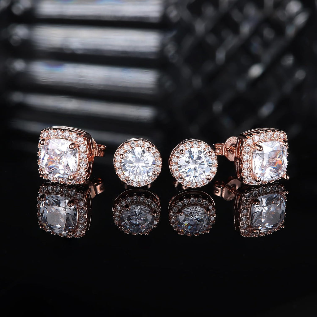 Hayoso 18K Gold Plated Halo Stud Earrings 925 Sterling Silver Cubic Zirconia Stud Earrings Round Square Diamonique Stud Earrings Set for Women Men