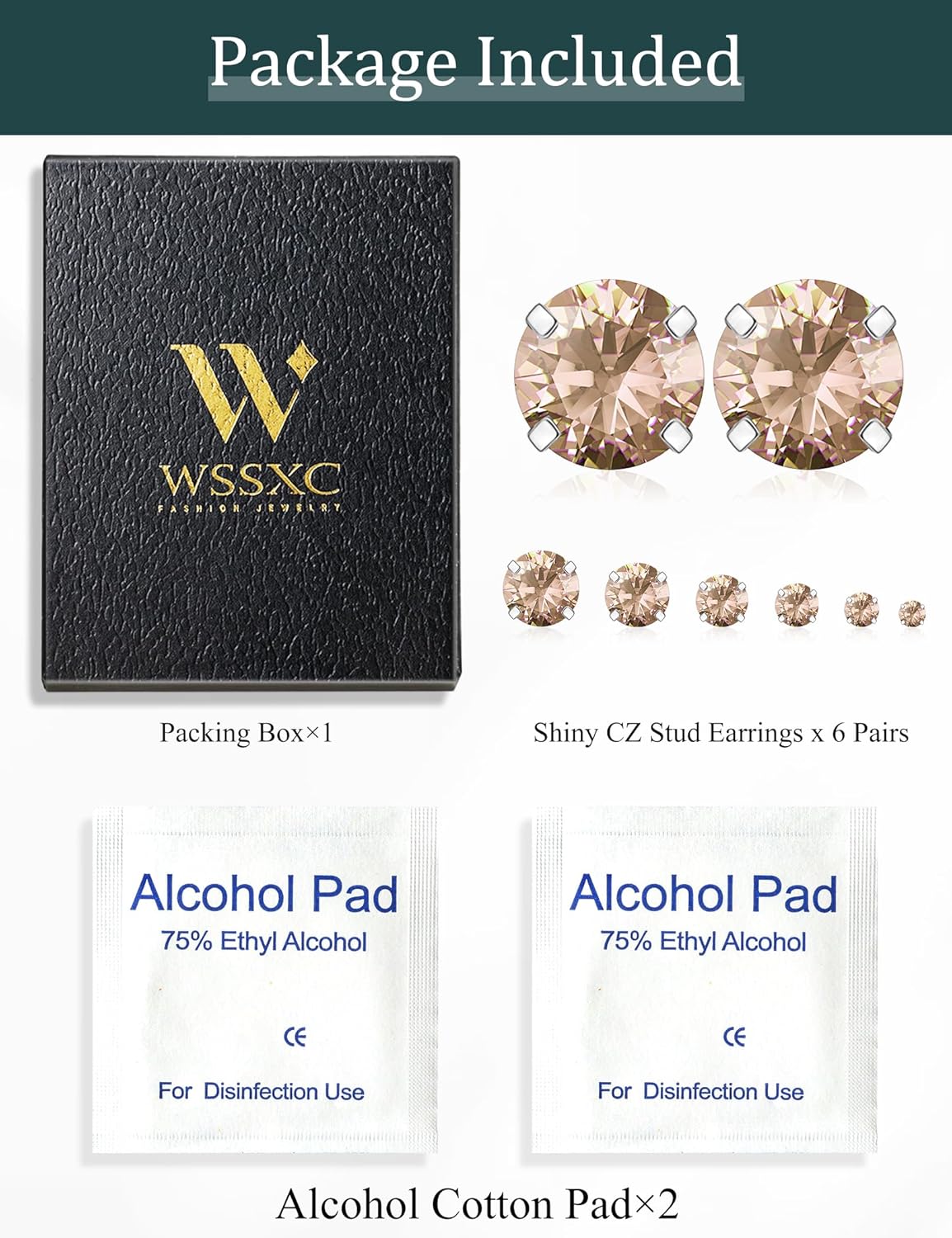 6 Pairs Stud Earrings Set, Hypoallergenic Cubic Zirconia 316L Earrings Stainless Steel CZ Earrings 3-8mm (Steel color)