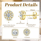 Hayoso 18K Gold Plated Halo Stud Earrings 925 Sterling Silver Cubic Zirconia Stud Earrings Round Square Diamonique Stud Earrings Set for Women Men
