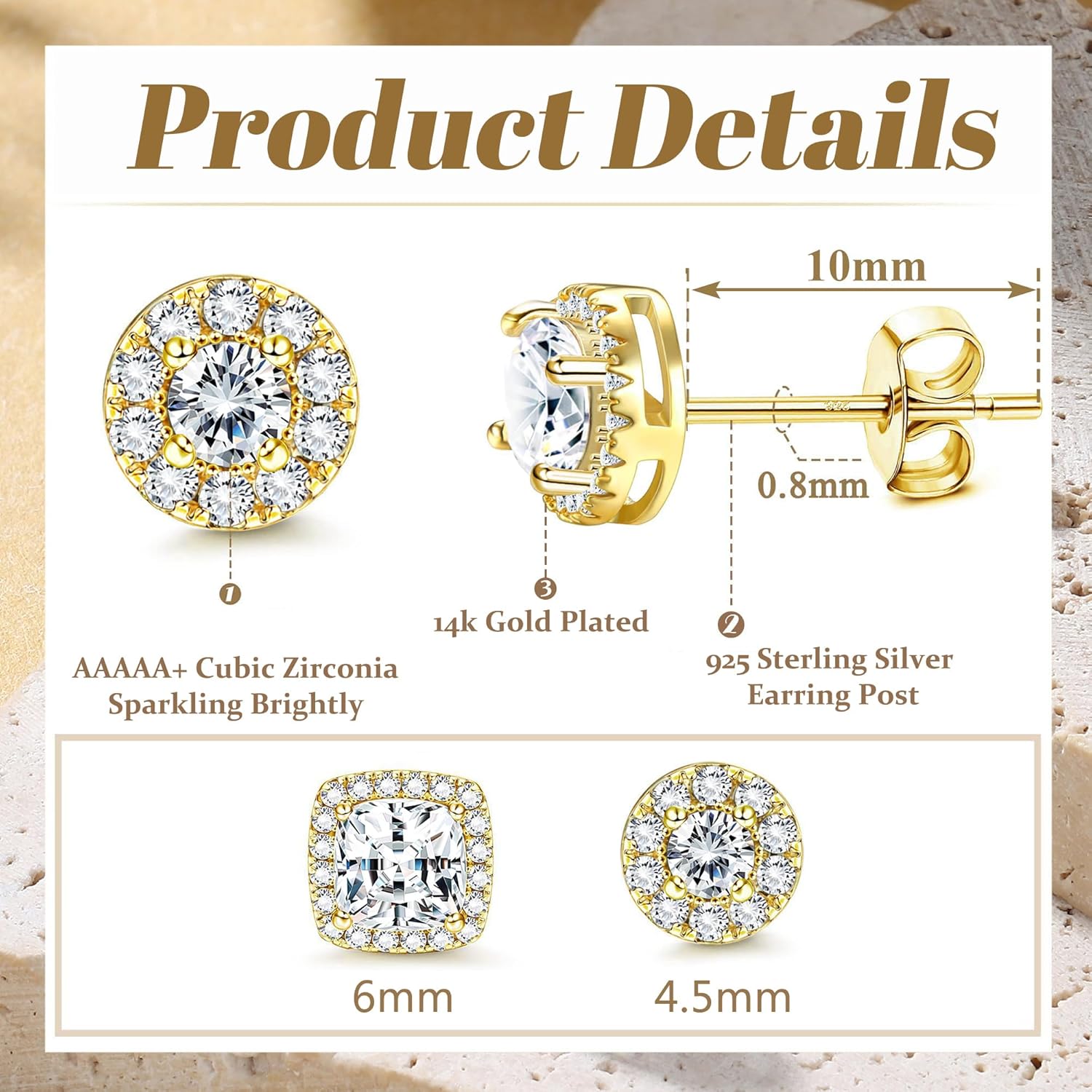 Hayoso 18K Gold Plated Halo Stud Earrings 925 Sterling Silver Cubic Zirconia Stud Earrings Round Square Diamonique Stud Earrings Set for Women Men