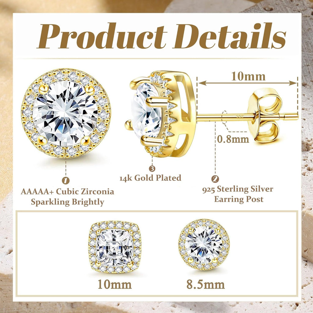 Hayoso 18K Gold Plated Halo Stud Earrings 925 Sterling Silver Cubic Zirconia Stud Earrings Round Square Diamonique Stud Earrings Set for Women Men