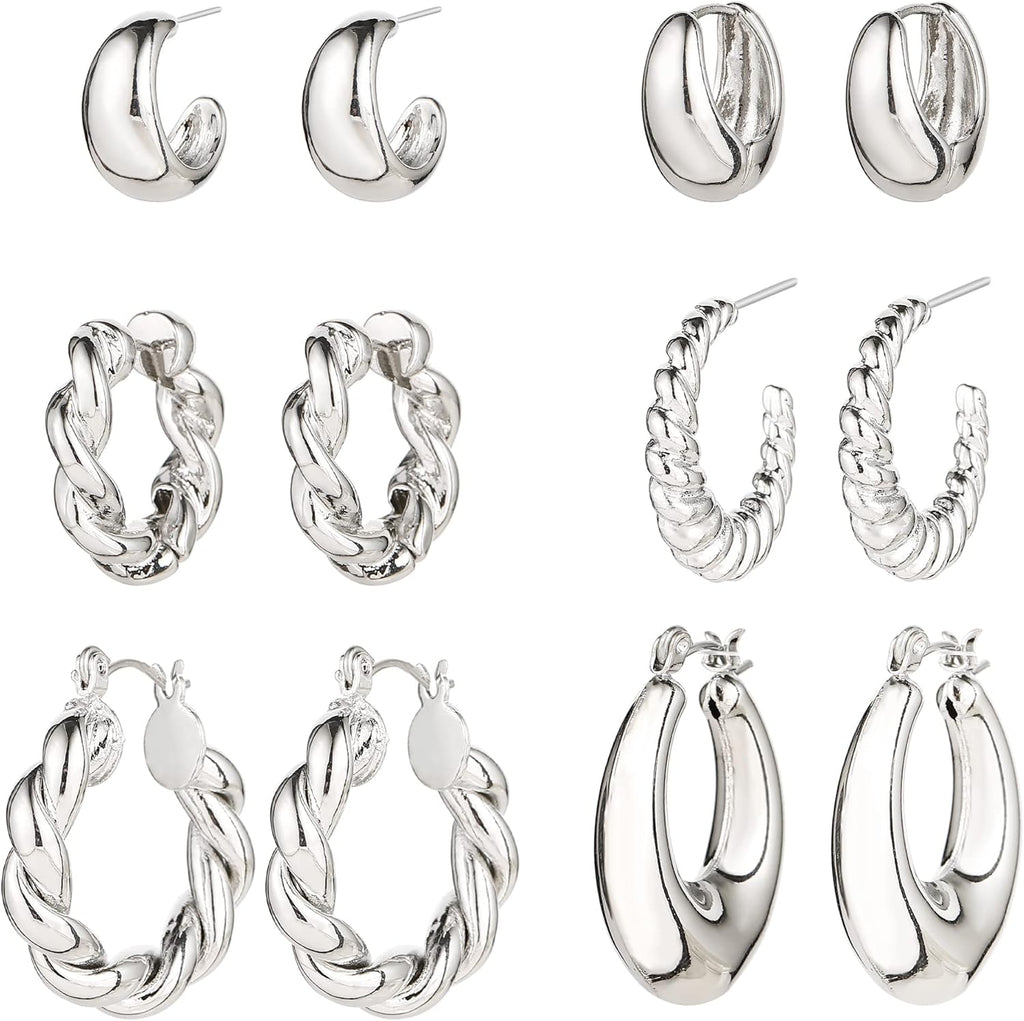 Gold Chunky Hoop Earrings Set for Women, 14K Gold Plated Twisted Huggie Hoop Earring Hypoallergenic, Thick Open Hoops Set Lightweight