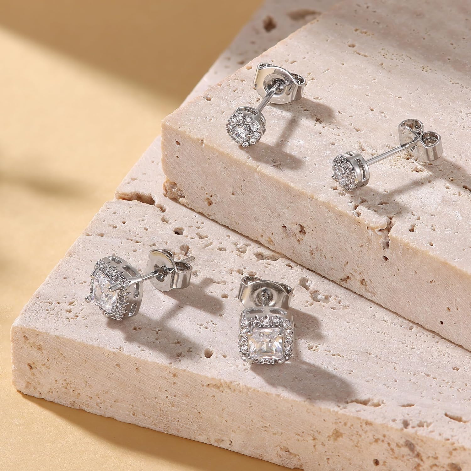 Hayoso 18K Gold Plated Halo Stud Earrings 925 Sterling Silver Cubic Zirconia Stud Earrings Round Square Diamonique Stud Earrings Set for Women Men