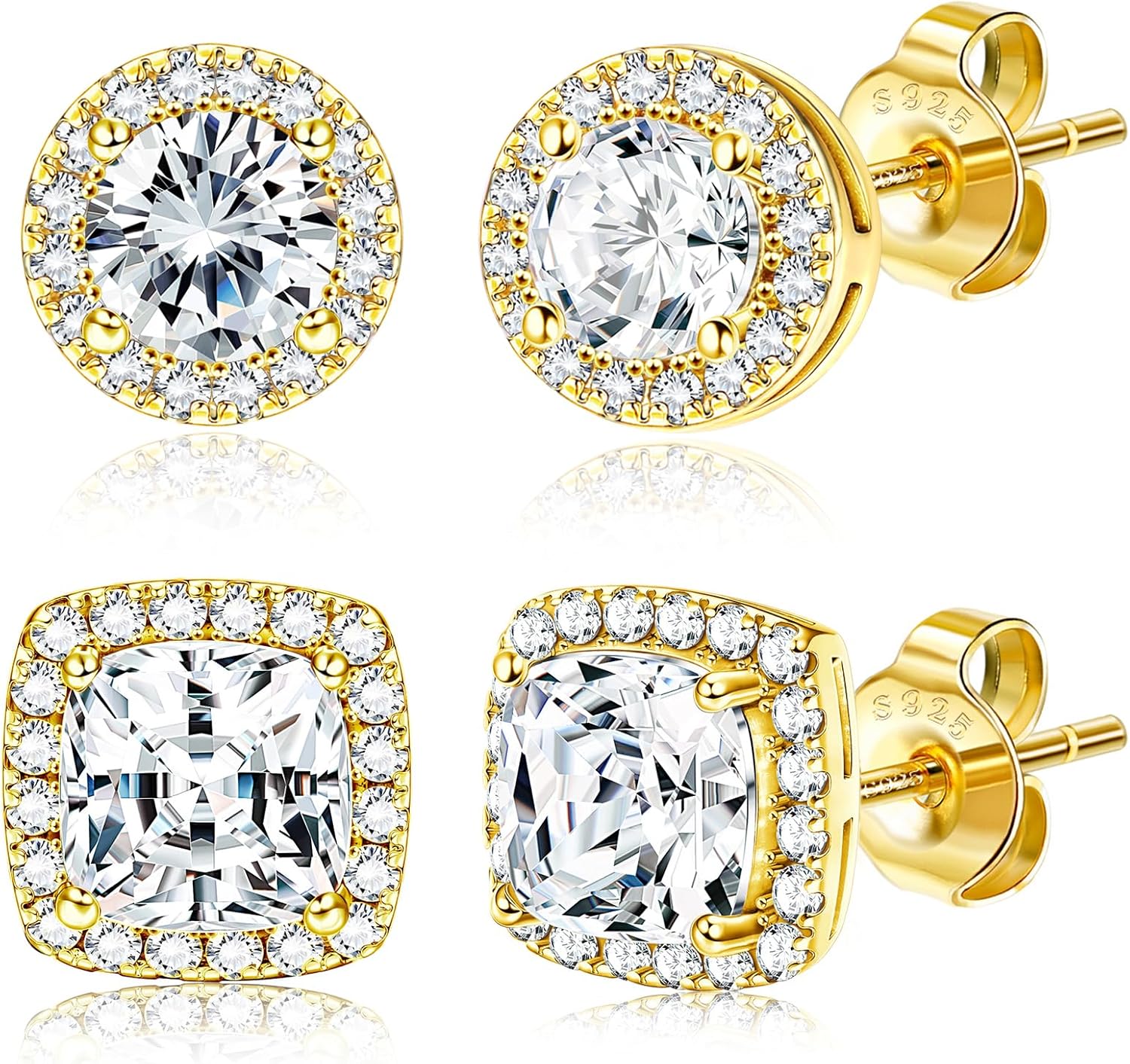 Hayoso 18K Gold Plated Halo Stud Earrings 925 Sterling Silver Cubic Zirconia Stud Earrings Round Square Diamonique Stud Earrings Set for Women Men