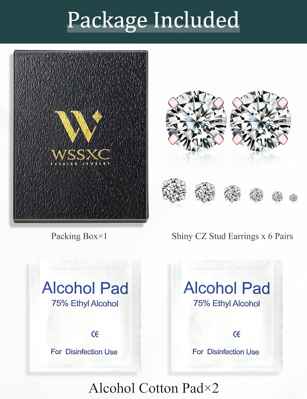 6 Pairs Stud Earrings Set, Hypoallergenic Cubic Zirconia 316L Earrings Stainless Steel CZ Earrings 3-8mm (Steel color)