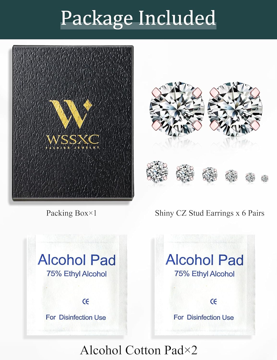 6 Pairs Stud Earrings Set, Hypoallergenic Cubic Zirconia 316L Earrings Stainless Steel CZ Earrings 3-8mm (Steel color)