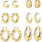 Gold Chunky Hoop Earrings Set for Women, 14K Gold Plated Twisted Huggie Hoop Earring Hypoallergenic, Thick Open Hoops Set Lightweight