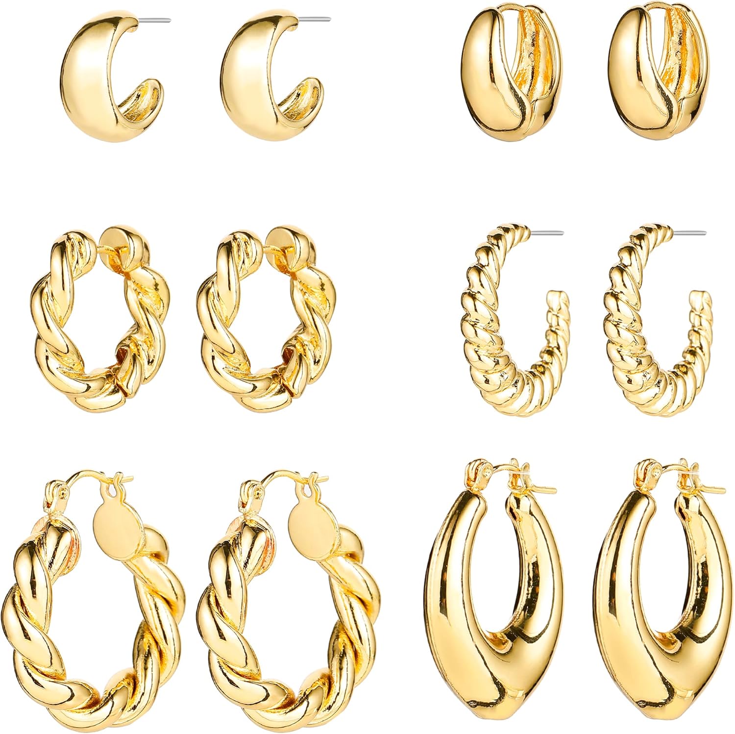 Gold Chunky Hoop Earrings Set for Women, 14K Gold Plated Twisted Huggie Hoop Earring Hypoallergenic, Thick Open Hoops Set Lightweight