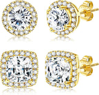 Hayoso 18K Gold Plated Halo Stud Earrings 925 Sterling Silver Cubic Zirconia Stud Earrings Round Square Diamonique Stud Earrings Set for Women Men